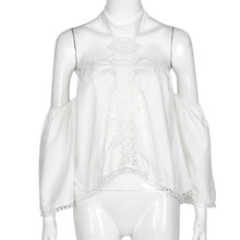 Women Blouses Chiffon Backless Halter Top Flare Sleeve White Lace Blouse Off Shoulder Long Sleeve Blouse Femme #B803