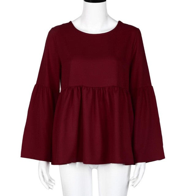 Women Blouses Red Loose Flare Sleeve Casual Tops Pullover Blouse Autumn Sweet Tops Blusas De Renda#F913