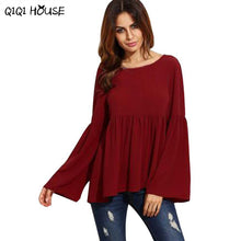 Women Blouses Red Loose Flare Sleeve Casual Tops Pullover Blouse Autumn Sweet Tops Blusas De Renda#F913