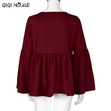 Women Blouses Red Loose Flare Sleeve Casual Tops Pullover Blouse Autumn Sweet Tops Blusas De Renda#F913