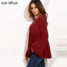 Women Blouses Red Loose Flare Sleeve Casual Tops Pullover Blouse Autumn Sweet Tops Blusas De Renda#F913