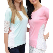 Women Blouses Round Neck Half Sleeve Milk Silk and Lace Loose Summer Blouse Green Pink #3546