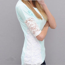 Women Blouses Round Neck Half Sleeve Milk Silk and Lace Loose Summer Blouse Green Pink #3546