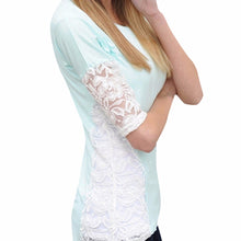 Women Blouses Round Neck Half Sleeve Milk Silk and Lace Loose Summer Blouse Green Pink #3546