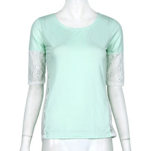 Women Blouses Round Neck Half Sleeve Milk Silk and Lace Loose Summer Blouse Green Pink #3546