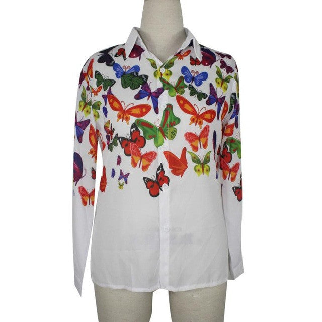Women Clothes Butterfly Chiffon Blouse Long Sleeve Casual Turn-down Collar Spring Women Blouse Blusa De Renda#121