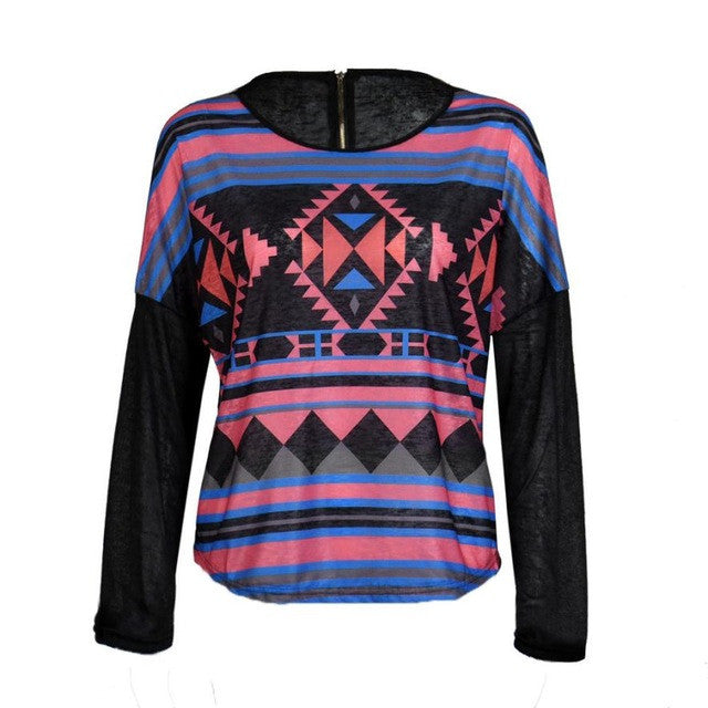 Women Clothes Printing Geometry Loose Long Sleeve Pullovers Tops Zipper Autumn Blouse Blusa Feminina#C928