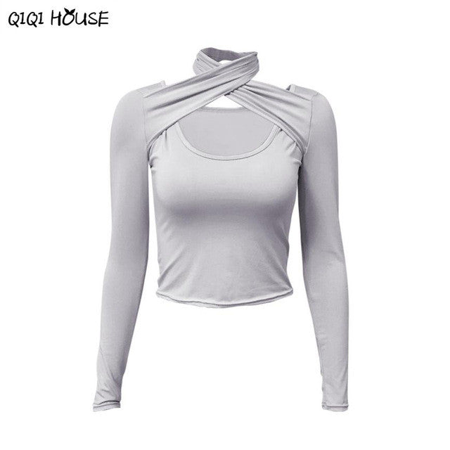 Women Clothes Sexy Halter Long Sleeve Tops Slim Casual Solid Autumn Outwear Top Chemise Femme#E907