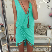 Women Dresses Beach Tassel Deep V-Neck Solid Mini Off Shoulder Dress T Shirt Dress Vestido De Verano#B713