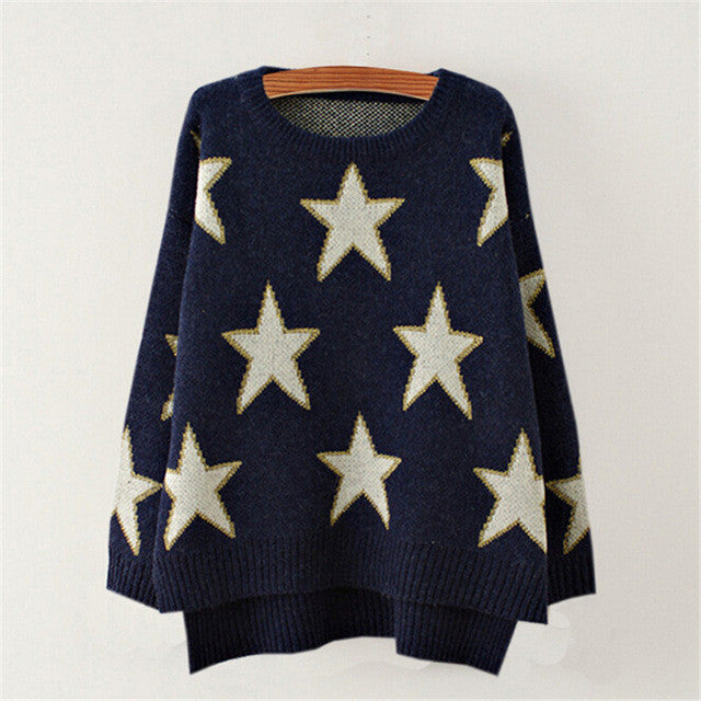 Women Irregular Knit Sweaters Fall new Five-Pointed Star Print Pullovers 2015 Female Loose Casual Coat long Sleeve Sweater 31874