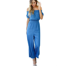 Women Jumpsuits Long Pant 2017 Summer Beach Long Elegant Strapless Off Shoulder High Waist Short Sleeve Rompers Overall Blue #23