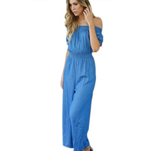 Women Jumpsuits Long Pant 2017 Summer Beach Long Elegant Strapless Off Shoulder High Waist Short Sleeve Rompers Overall Blue #23