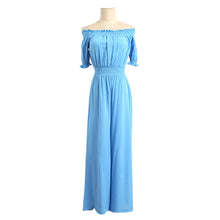Women Jumpsuits Long Pant 2017 Summer Beach Long Elegant Strapless Off Shoulder High Waist Short Sleeve Rompers Overall Blue #23