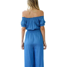 Women Jumpsuits Long Pant 2017 Summer Beach Long Elegant Strapless Off Shoulder High Waist Short Sleeve Rompers Overall Blue #23