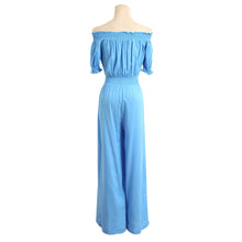 Women Jumpsuits Long Pant 2017 Summer Beach Long Elegant Strapless Off Shoulder High Waist Short Sleeve Rompers Overall Blue #23
