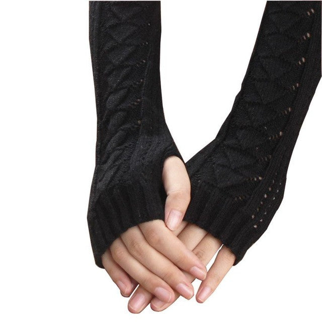 Women Long Gloves Knitted Warmer Hand Gloves Winter Autumn Hollow Out Fingerless Gloves Luvas De Inverno#B920