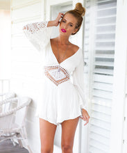 Women Long Sleeve White Lace V Neck Jumpsuits Rompers Short Pants Women Sexy Club Jumpsuits White Bodaysuite Deep V Neck #12