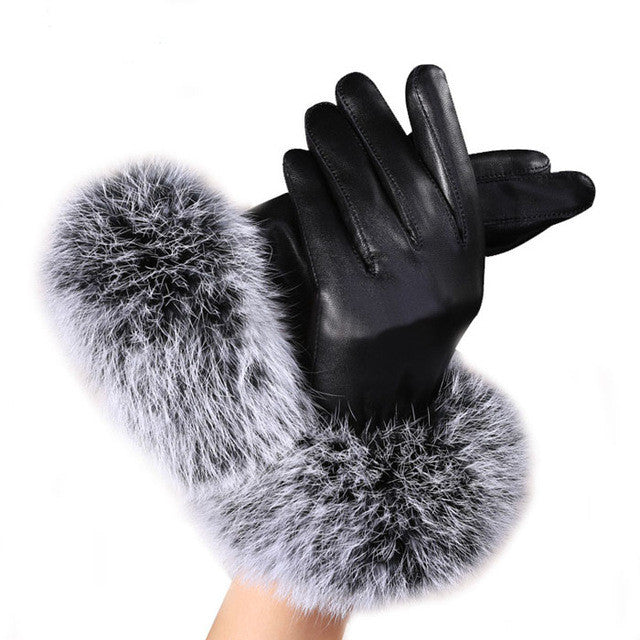 Women'S Leather Gloves Super Warmer Winter Gloves Elegant Lady Black Leather Soft Rabbit Fur Luvas Femininas#B920