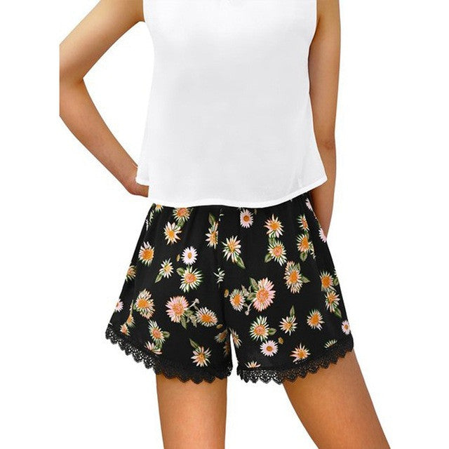 Women Sexy Hot Short Summer Casual Polyester Print Loose Shorts High Waist Lace Short Beach #3546