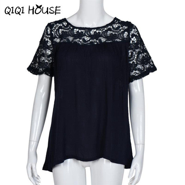 Women Shirt Short Sleeve Hollow Out Lace Solid Tops Ladies Office Loose Shirt Summer Wear Blusas De Verao#A919