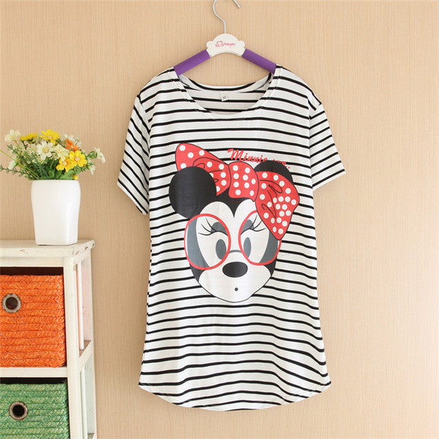 Women Striped mouse T Shirts Short Sleeve Cartoon Tee Anchor Printed Tops Cotton Owl T-Shirts lady tops