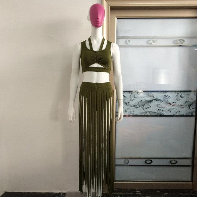 Women Two Piece Outfits Off Shoulder Backless Halter Tassel Beach Sexy Club Dress Vestidos De Verano#B714