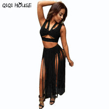 Women Two Piece Outfits Off Shoulder Backless Halter Tassel Beach Sexy Club Dress Vestidos De Verano#B714