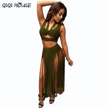 Women Two Piece Outfits Off Shoulder Backless Halter Tassel Beach Sexy Club Dress Vestidos De Verano#B714