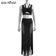 Women Two Piece Outfits Off Shoulder Backless Halter Tassel Beach Sexy Club Dress Vestidos De Verano#B714
