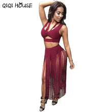 Women Two Piece Outfits Off Shoulder Backless Halter Tassel Beach Sexy Club Dress Vestidos De Verano#B714