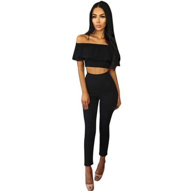Womens 2 Piece Set Off Shoulder Sleeveless Lotus Jumpsuit Ladies Cut Out Bodycon Pencil Overalls For 4 season #1212