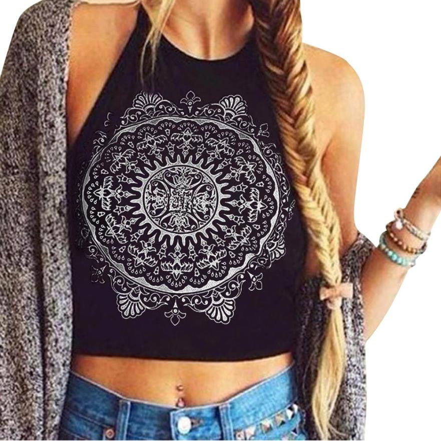 Womens Mandala Print Sleeveless Black Halterneck Tank Crop Tops Vest Blouse T-Shirt #3546