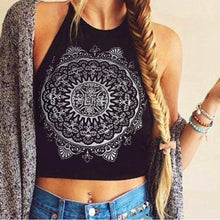 Womens Mandala Print Sleeveless Black Halterneck Tank Crop Tops Vest Blouse T-Shirt #3546