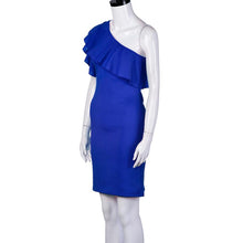 Womens Summer 2017 Elegant Ruffle Asymmetrical Neck Ladies Party Dresses Sheath Bodycon Vestidos Mini Dress Blue Red Black #23