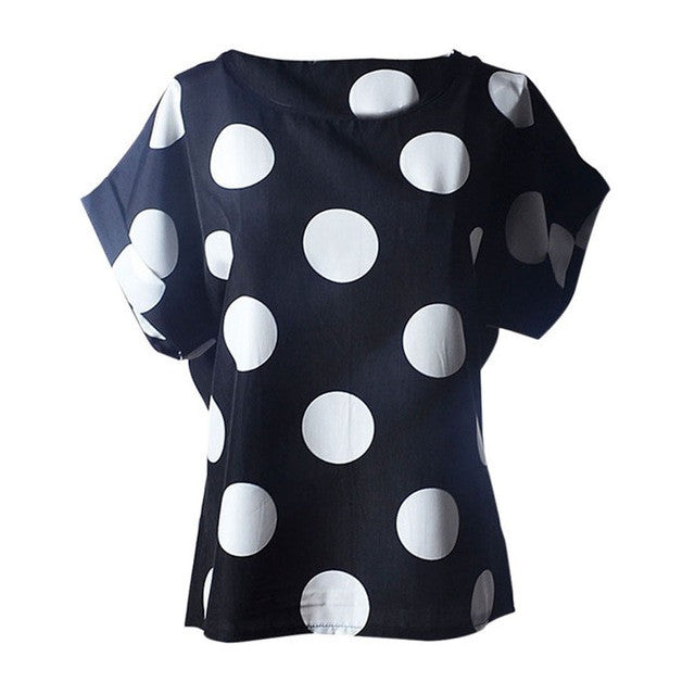Womens Tshirt Printing Dots Chiffon Women Clothes Round Neck Short Sleeve Casual T-Shirt Camisetas Mujer#3546