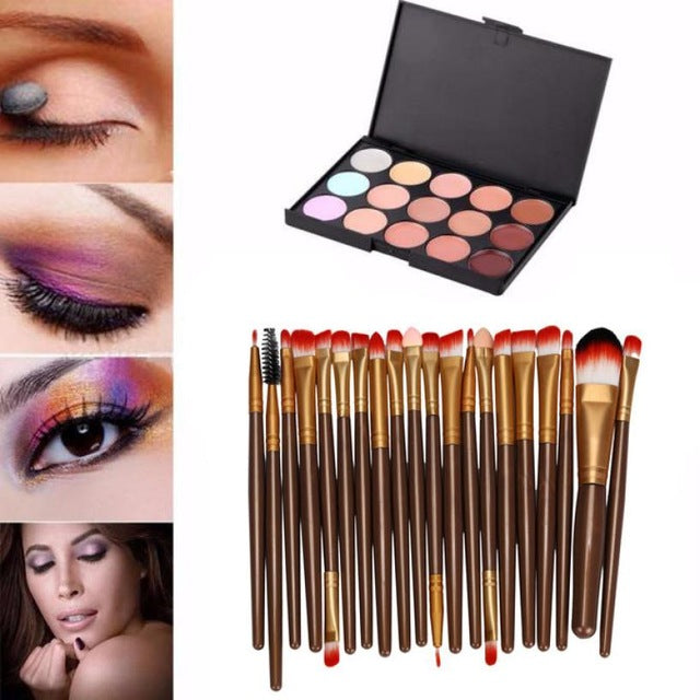 Wood (Handle), Nylon(Hair) Material 15 Colors Contour Face Cream Makeup Concealer Palette Professional + 20 Brush Anne