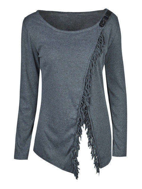 Wool Grey Irregular Full Sleeve Blouses Tassel Solid Patchwork O-Neck Blouse Women Tops For Fall Ladies 2017 Autumn Fashion Top