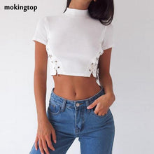 mokingtop Crop Tops Women 2017 Sexy Slim Fit Tee Bandage Korean Turtleneck Short Sleeve Shirt Kleding Vrouwen#0521