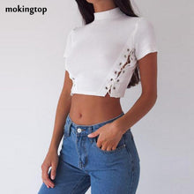 mokingtop Crop Tops Women 2017 Sexy Slim Fit Tee Bandage Korean Turtleneck Short Sleeve Shirt Kleding Vrouwen#0521