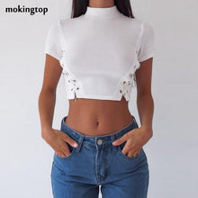mokingtop Crop Tops Women 2017 Sexy Slim Fit Tee Bandage Korean Turtleneck Short Sleeve Shirt Kleding Vrouwen#0521