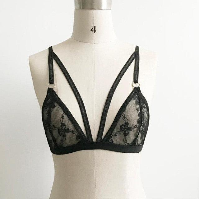 mokingtop Hollow Halter Bustier Bra Cropped Lace Bralette Bandage Hollow Out Lace Strap Top Top Encaje Lenceria#0521