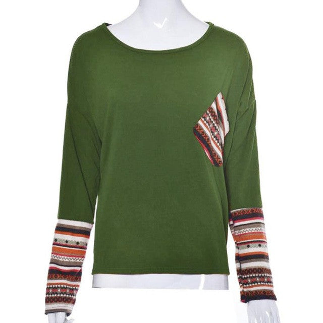 mokingtop Patchwork Women Tshirt 3xl Loose Long Sleeve Tops Printed Pocket Path Autumn Shirt Poleras De Mujer Vetements#B12