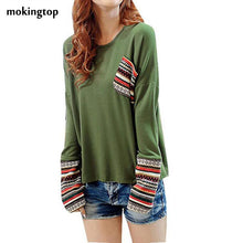 mokingtop Patchwork Women Tshirt 3xl Loose Long Sleeve Tops Printed Pocket Path Autumn Shirt Poleras De Mujer Vetements#B12