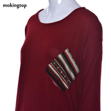mokingtop Patchwork Women Tshirt 3xl Loose Long Sleeve Tops Printed Pocket Path Autumn Shirt Poleras De Mujer Vetements#B12