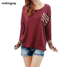 mokingtop Patchwork Women Tshirt 3xl Loose Long Sleeve Tops Printed Pocket Path Autumn Shirt Poleras De Mujer Vetements#B12