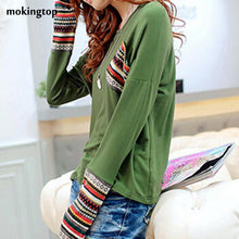 mokingtop Patchwork Women Tshirt 3xl Loose Long Sleeve Tops Printed Pocket Path Autumn Shirt Poleras De Mujer Vetements#B12