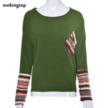 mokingtop Patchwork Women Tshirt 3xl Loose Long Sleeve Tops Printed Pocket Path Autumn Shirt Poleras De Mujer Vetements#B12