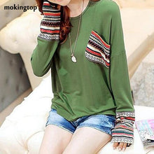 mokingtop Patchwork Women Tshirt 3xl Loose Long Sleeve Tops Printed Pocket Path Autumn Shirt Poleras De Mujer Vetements#B12