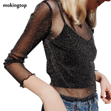 mokingtop Perspective Tshirt Women Sexy Black Hollow Out Shirt Slim Long Sleeve Spring Tee Tops Vetements#121