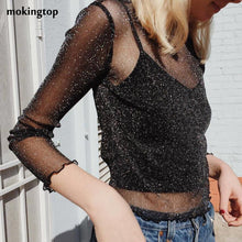 mokingtop Perspective Tshirt Women Sexy Black Hollow Out Shirt Slim Long Sleeve Spring Tee Tops Vetements#121